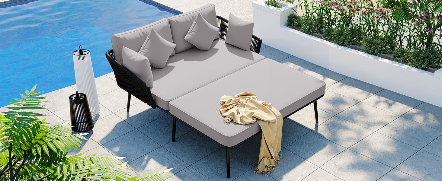 Topmax Outdoor Patio Daybed, Woven Nylon Rope Backrest With Washable Cushions For Balcony, Poolside, Set For 2 Person, Gray