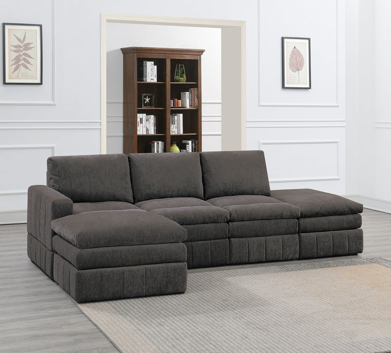 Contemporary 5 Piece Set Modular L-Sectional Set 1 One Arm Chair / Wedge 2 Armless Chairs 2 Ottomans Mink Morgan Fabric Plush Living Room Furniture