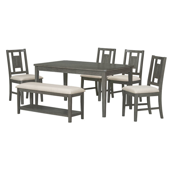 Trexm 6 Piece Retro Dining Set, Minimalist Dining Table And 4 Upholstered Chairs & 1 Bench With A Shelf For Dining Room (Dark Gray)