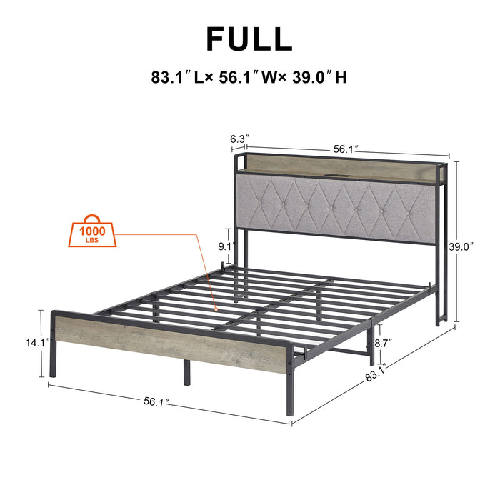 Bed Frame With Charging Station Full Size - Grey
