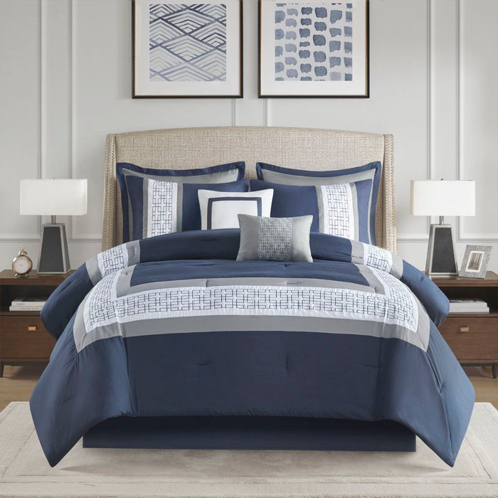 8 Piece Embroidered Comforter Set In Navy