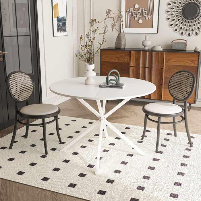 Modern Cross Leg Round Dining Table, White Top Occasional Table, Two Piece Removable Top, Matte Finish Iron Legs