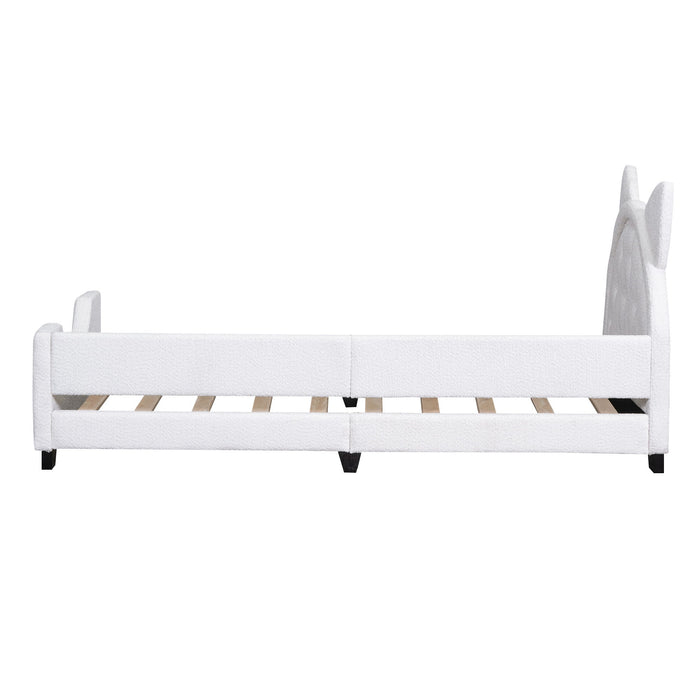Teddy Fleece Twin Size Upholstered Daybed With Carton Ears Shaped Headboard - White