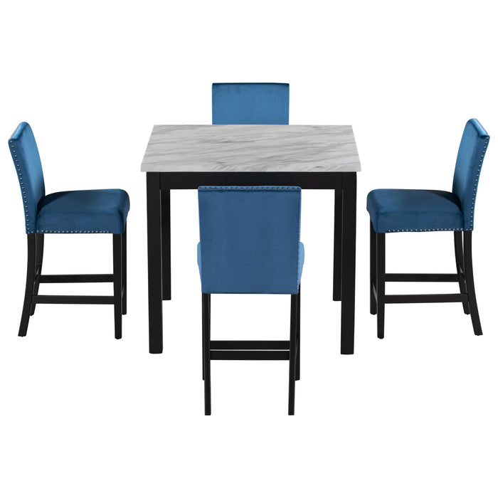 5 Piece Counter Height Dining Table Set With One Faux Marble Dining Table And Four Upholstered-Seat Chairs, Table Top: 40" L X40" W, For Kitchen And Living Room Furniture, Blue