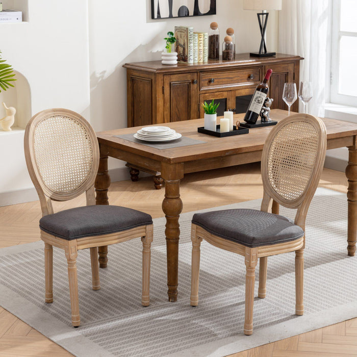A&A Furniture, French Style Solid Wood Frame Antique Painting Linen Fabric Rattan Back Dining Chair, (Set of 2) - Gray
