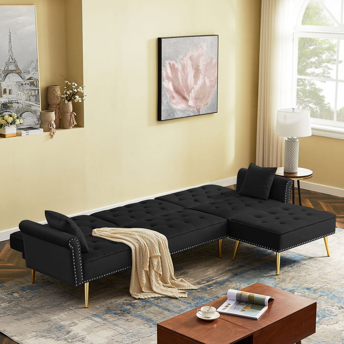 Modern Velvet Upholstered Reversible Sectional Sofa Bed, L-Shaped Couch With Movable Ottoman And Nailhead Trim For Living Room (Black)
