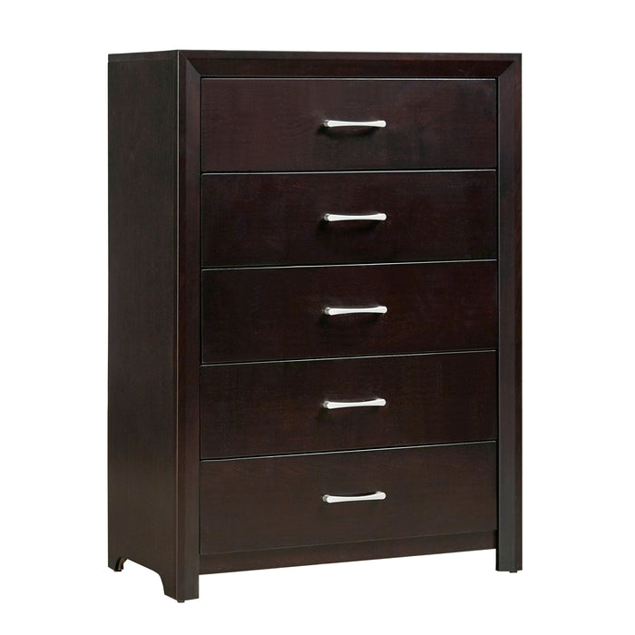 Espresso Finish Contemporary Design 1 Piece Chest Of 5 Drawers Silver Tone Bar Pulls Bedroom Furniture