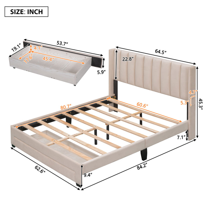 Queen Size Storage Bed Velvet Upholstered Platform Bed With Big Drawer - Beige