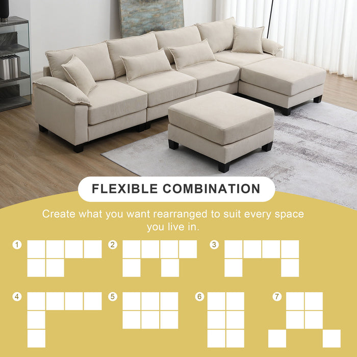 Corduroy Modular Sectional Sofa, U-Shaped Couch With Armrest Bags, 6 Seat Freely Combinable Sofa Bed, Comfortable And Spacious Indoor Furniture For Living Room, 2 Colors - Beige