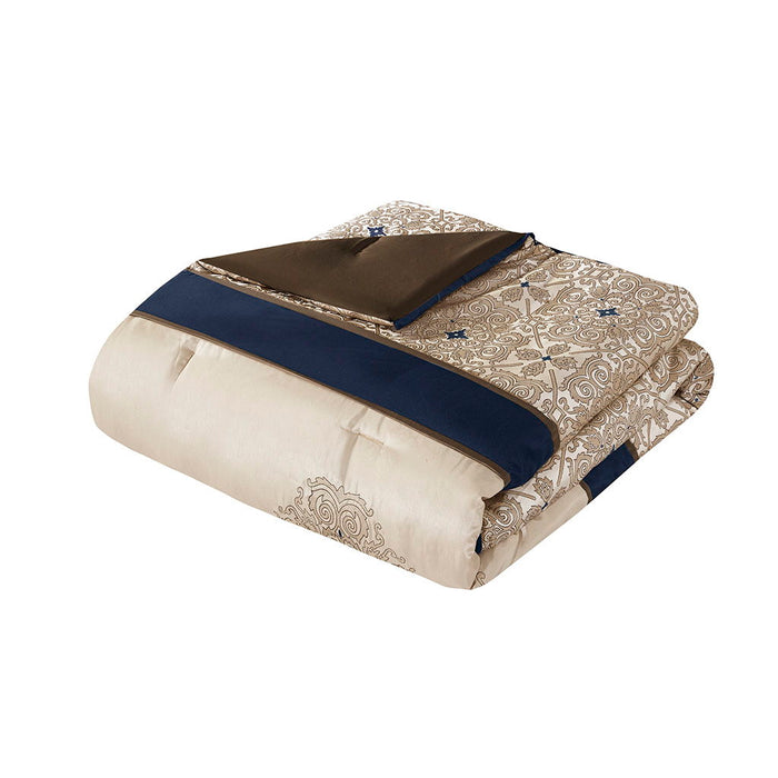 7 Piece Jacquard Comforter Set With Throw Pillows - Navy