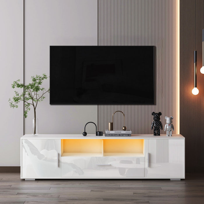 Quick Assemble White Morden TV Stand, Only 20 Minutes To Finish Assemble, With LED Lights, High Glossy Front TV Cabinet, Can Be Assembled In Lounge Room, Living Room Or Bedroom, White