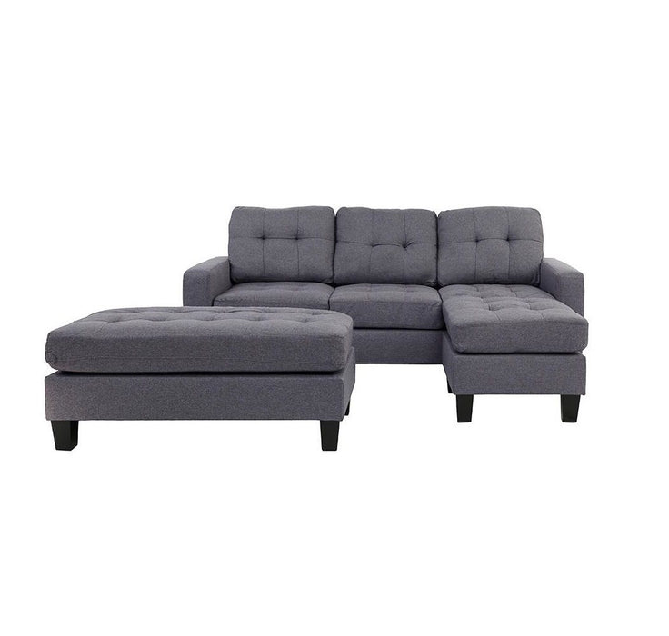 Blue Grey Polyfiber Linen Like Fabric 3 Pieces Reversible Sectional Sofa Chaise With Ottoman Chaise Tufted Couch Lounge Living Room Furniture