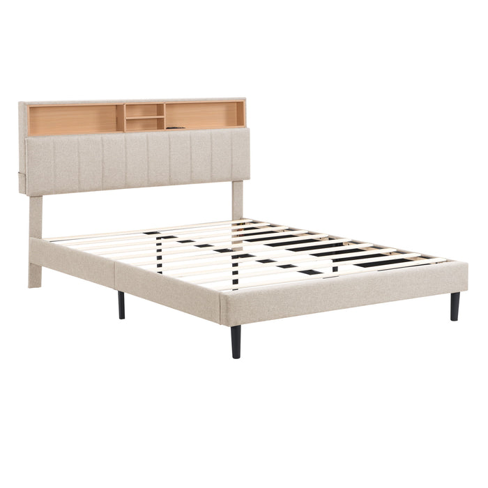 Queen Size Upholstered Platform Bed With Storage Headboard And USB Port, Linen Fabric Upholstered Bed (Beige)