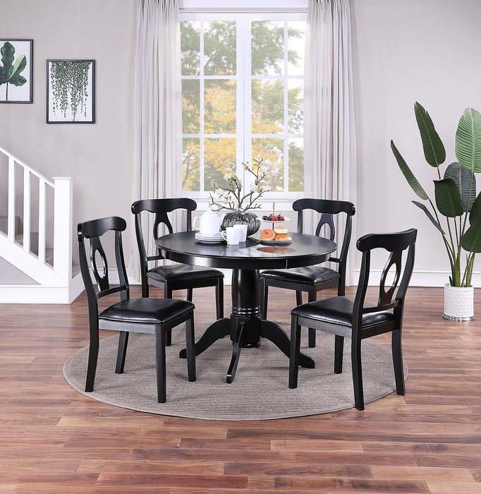 Classic Design Dining Room 5 Pieces Set Round Table 4X Side Chairs Cushion Fabric Upholstery Seat Rubberwood Black Color Furniture