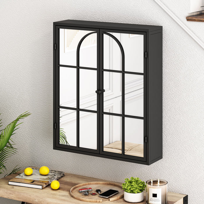 23.62" Vintage Two Door Wall Cabinet With Mirror, Three-Level Entrance Storage Space For Living Room, Bathroom, Dining Room, Black