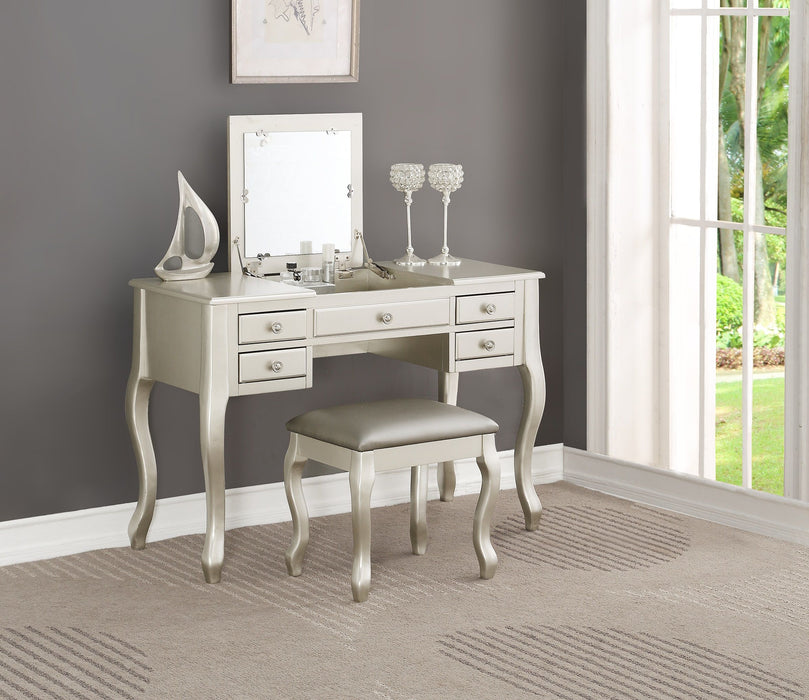 Classic Vanity Set Stool Silver Color Drawers Open-Up Mirror Bedroom Furniture Unique Legs Cushion Seat Stool Vanity