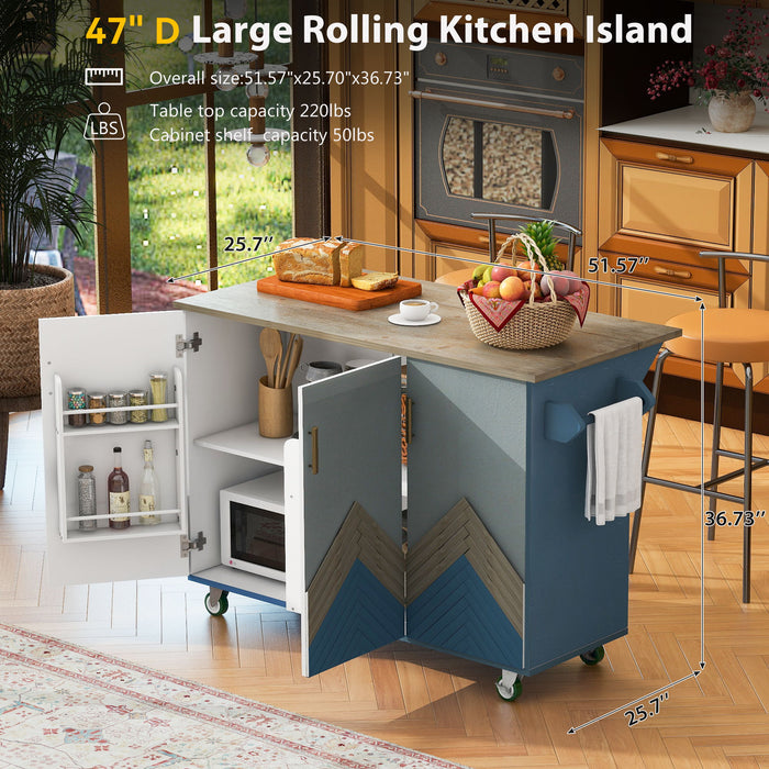 Retro Mountain Wood Kitchen Island With Drop Leaf, Accent Cabinet With Internal Storage Rack, Farmhouse Rolling Kitchen Cart On Wheels For Living Room, Kitchen, Dining Room (Navy Blue)