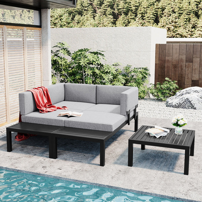 Topmax Outdoor 3 Piece Aluminum Alloy Sectional Sofa Set With End Table And Coffee Table, Black Frame / Gray Cushion