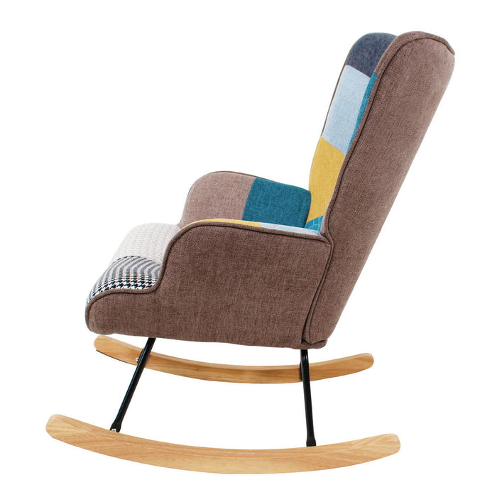 Rocking Chair, Mid Century Fabric Rocker Chair With Wood Legs And Patchwork Linen For Livingroom Bedroom - Colorful
