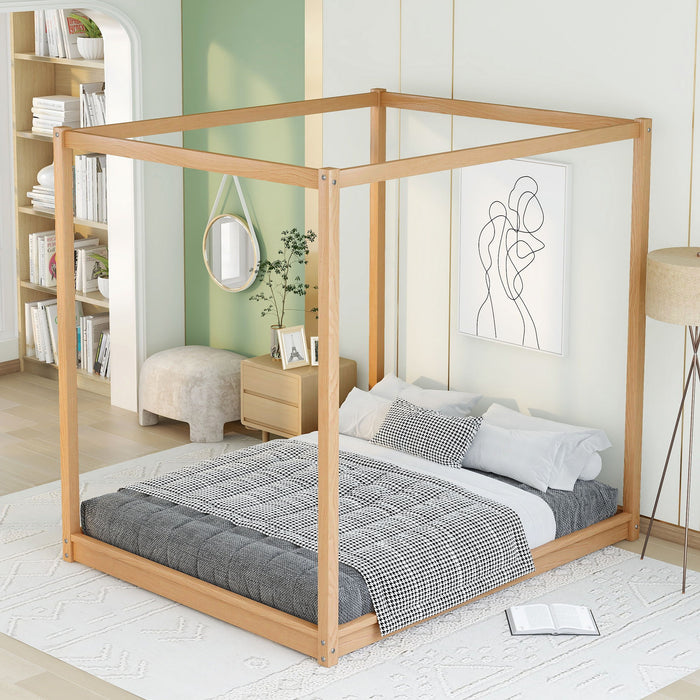 Queen Size Canopy Platform Bed With Support Legs, Natural