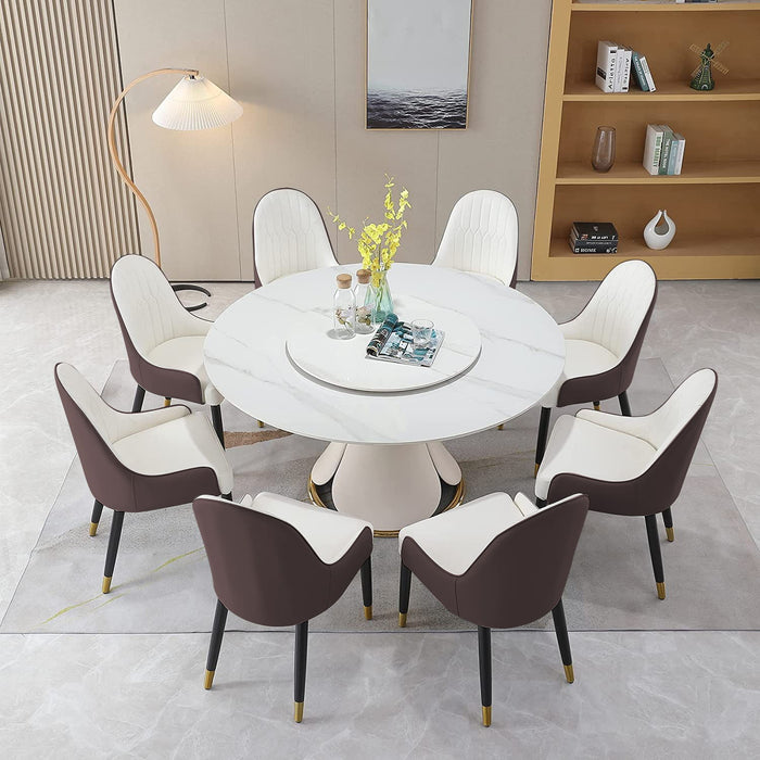 Modern Sintered Stone Dining Table With Round Turntable With Wood And Metal Exquisite Pedestal With 8 Pieces Chairs - White