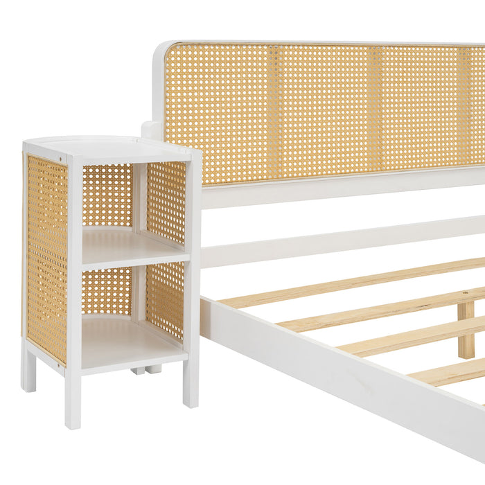 3 Pieces Rattan Platform Full Size Bed With 2 Nightstands, White