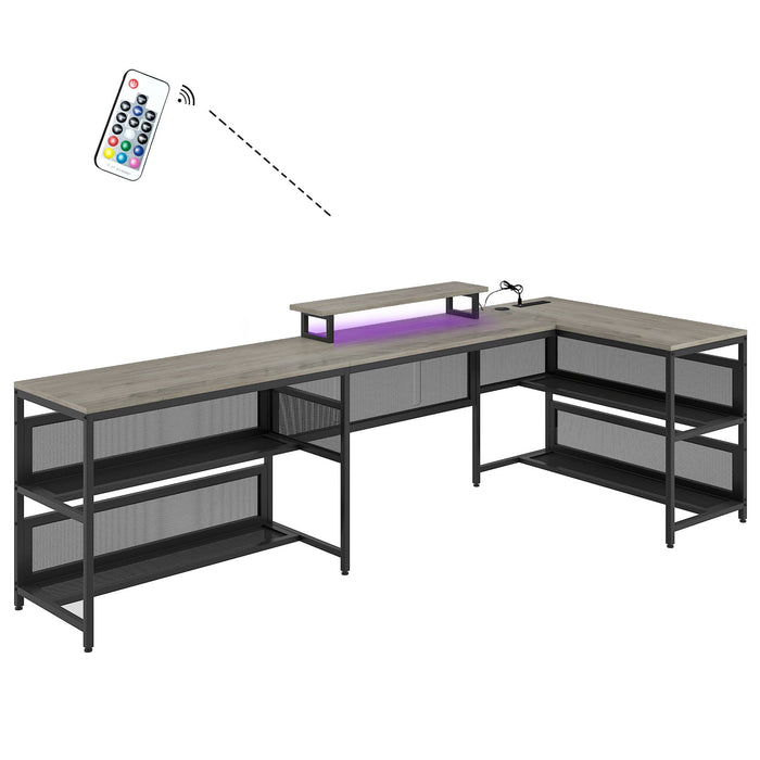 U Shaped Desk With Shelve And Led Lights - Gray