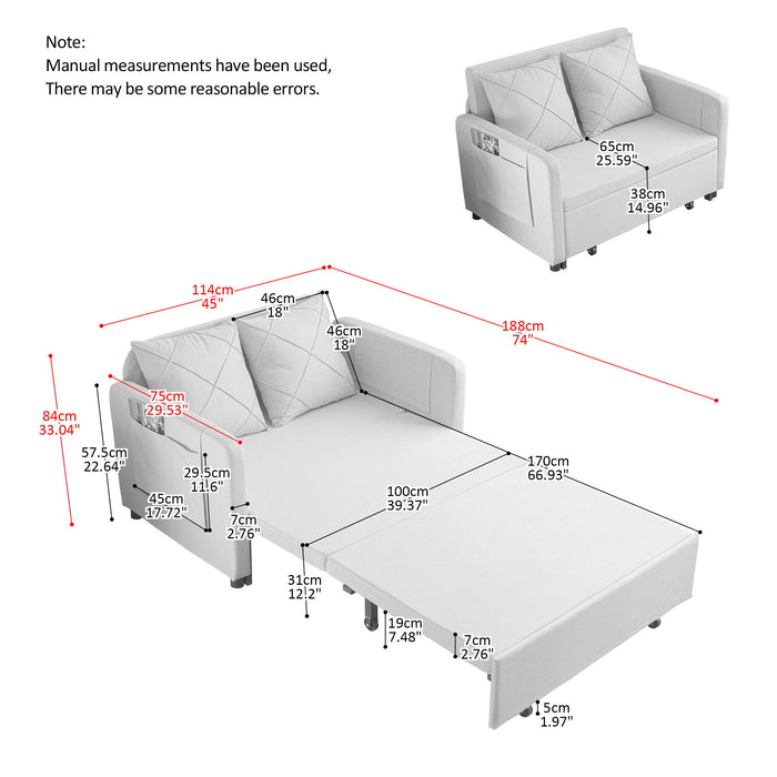 Modern Love Seat Futon Sofa Bed With Headboard, Linen Love Seat Couch, Pull Out Sofa Bed With 2 Pillows & 2 Sides Pockets For Any Small Spaces - Gray