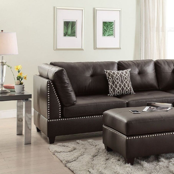 3 Pieces Sectional Sofa Espresso Bonded Leather Cushion Sofa Chaise Ottoman Reversible Couch Pillows