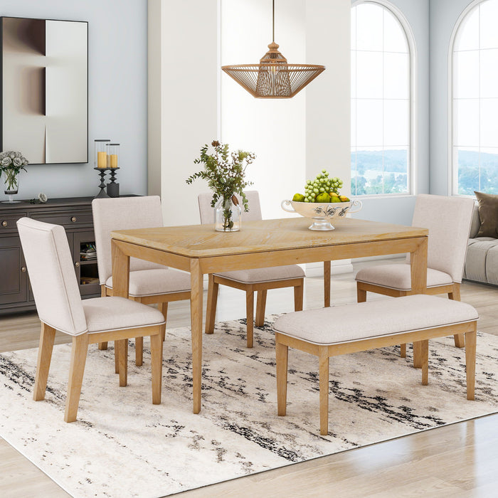Topmax 6 Piece Dining Table Set With Upholstered Dining Chairs And Bench, Farmhouse Style, Tapered Legs, Natural / Beige