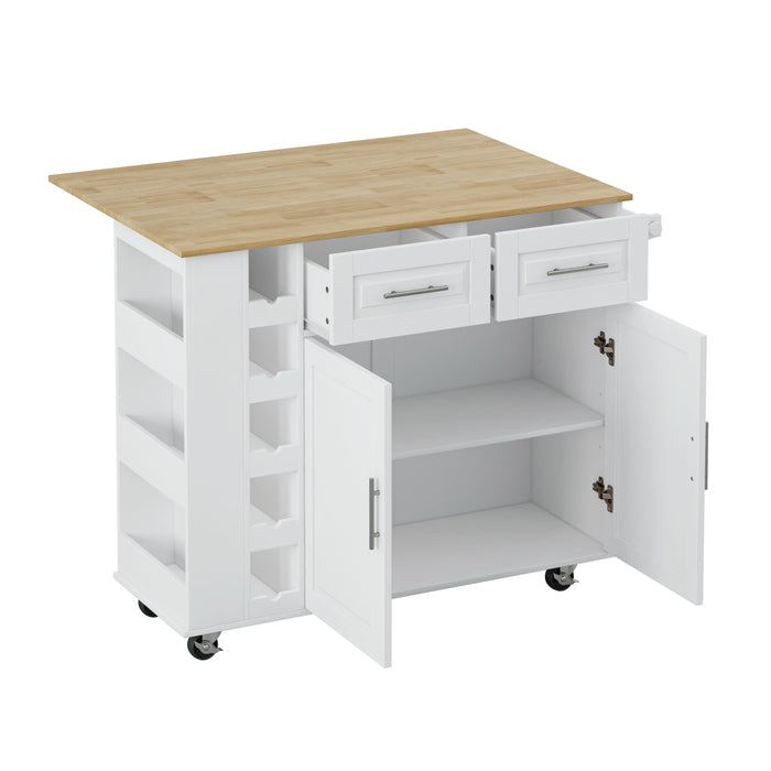 Multi-Functional Kitchen Island Cart With 2 Door Cabinet And Two Drawers, Spice Rack, Towel Holder, Wine Rack, And Foldable Rubberwood Table Top (White)