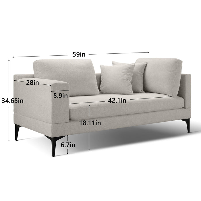 Luxury Modern 2 Seater Couch For Living Room, Fabric Couch With Removable Sofa Cushions And Reverible Armes, Stable Metal Legs, 2 Pillows And 1 Back Cushion, Texture Champange