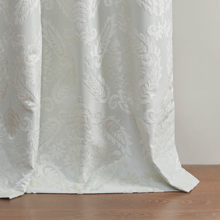 Knitted Jacquard Paisley Total Blackout Grommet Top Curtain Panel In White