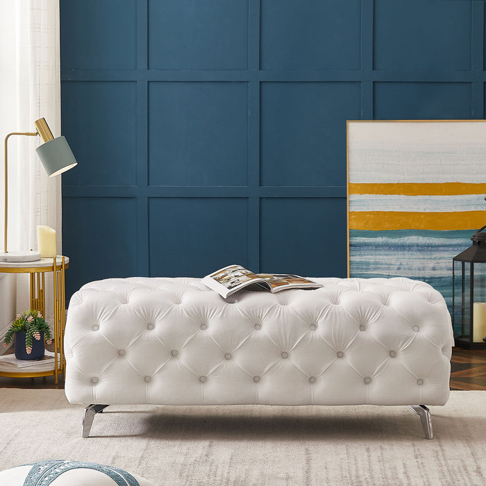 Button - Tufted Ottoman Bench, Upholstered Velvet Footrest Stool Accent Bench For Entryway Living Room Bedroom - White