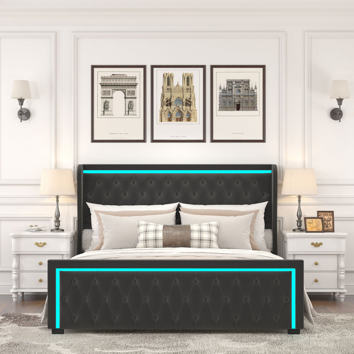 Queen Platform Bed Frame With High Headboard, Velvet Upholstered Bed With Deep Tufted Buttons, Adjustable Colorful Led Light Decorative Headboard, Wide Wingbacks, Black