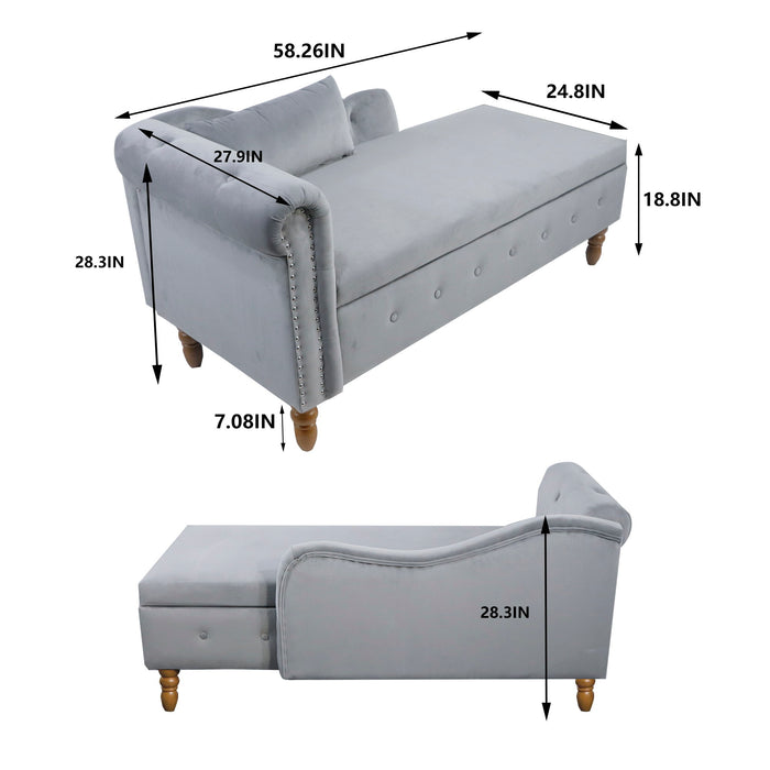 Grey Chaise Lounge Indoor, Lounge Chair For Bedroom With Storage & Pillow, Modern Upholstered Rolled Arm Chase Lounge For Sleeping