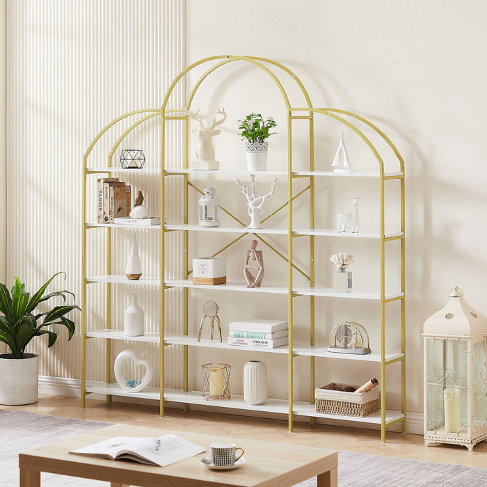 74.8 Inch 5 Tiers Office Bookcase Bookshelf, Display Shelf With Round Top , X Bar Gold Frame