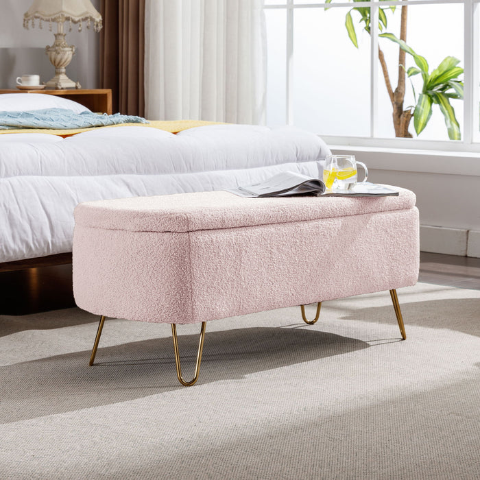 Pink Storage Ottoman Bench For End Of Bed Gold Legs, Modern Grey Faux Fur Entryway Bench Upholstered Padded With Storage For Living Room Bedroom