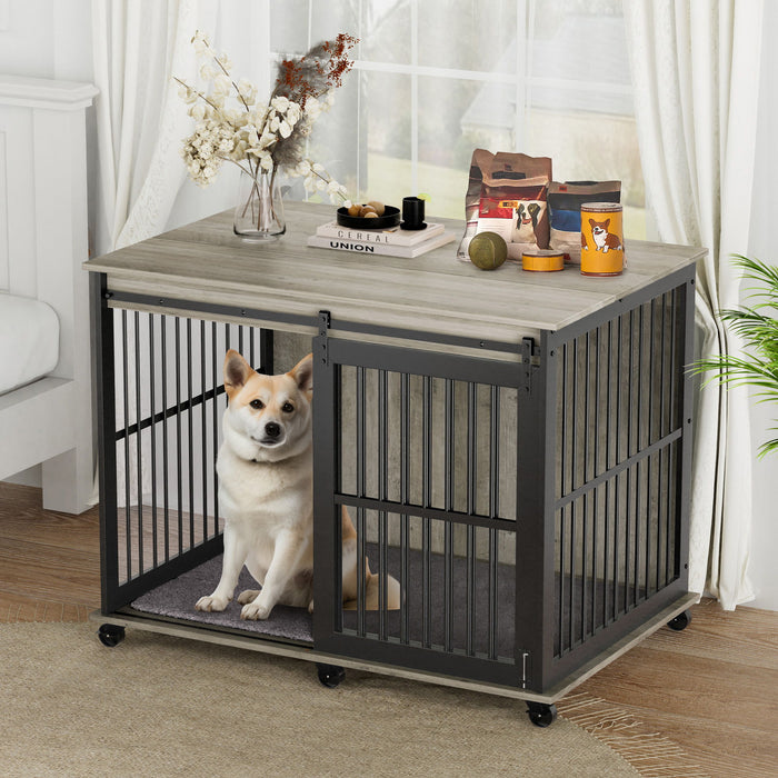 Furniture Dog Crate Sliding Iron Door Dog Crate With Mat - Grey