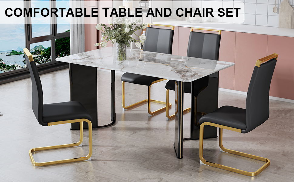 Table And Chair Set 1 Table And 4 Black PU Cushioned Golden Color Leg Chairs White Imitation Marble Tabletop, MDF Table Legs With Gold Metal Decorative Strips Paired With 4 PU Chairs