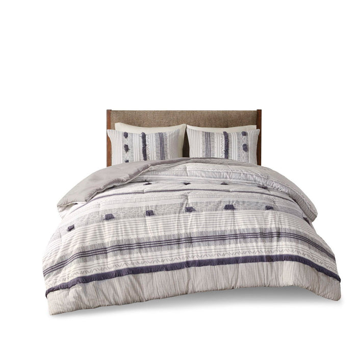 3 Piece Cotton Comforter Set - Gray / Navy