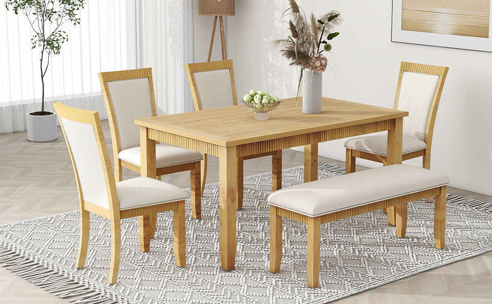 Top max Rustic Solid Wood 6 Piece Dining Table Set, PU Leather Upholstered Chairs And Bench, Natural Wood Wash