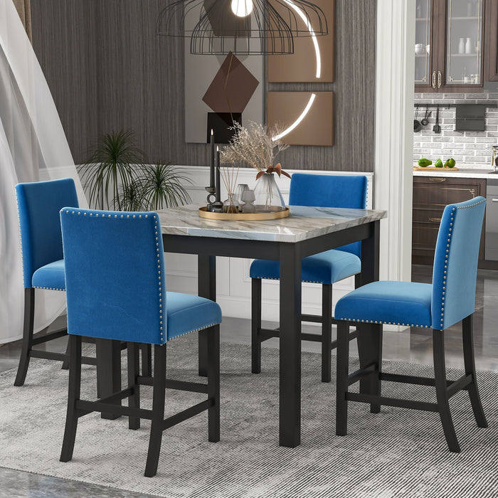 5 Piece Counter Height Dining Table Set With One Faux Marble Dining Table And Four Upholstered-Seat Chairs, Table Top: 40" L X40" W, For Kitchen And Living Room Furniture, Blue