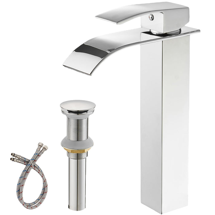 Waterfall Single Hole Single Handle Bathroom Vessel Sink Faucet With Pop Up Drain Assembly In Polished Chrome