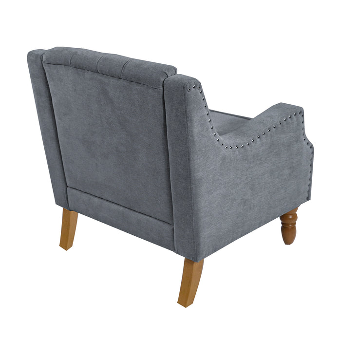Grey Accent Chair, Living Room Chair, Footrest Chair Set With Vintage Brass Studs, Button Tufted Upholstered Armchair For Living Room