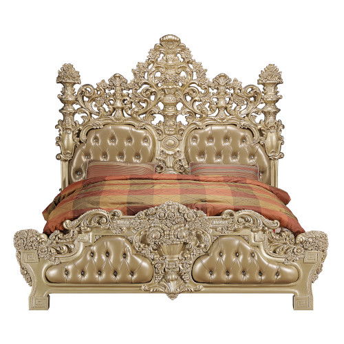 Seville - Eastern King Bed - Tan PU & Gold Finish Unique Piece Furniture