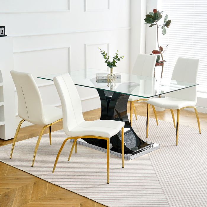 Modern Simple Table And Chair Set, One Table And Four Chairs Transparent Tempered Glass Table Top, Solid Base Gold Plated Metal Chair Legs (Set of 5) - White / Black