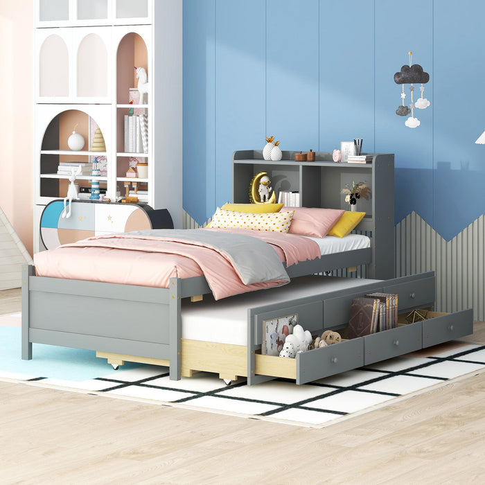Twin Size Bed With Built-In USB, Type-C Ports, LED Light, Bookcase Headboard, Trundle And 3 Storage Drawers, Twin Size Bed With Bookcase Headboard, Trundle And Storage Drawers, Grey