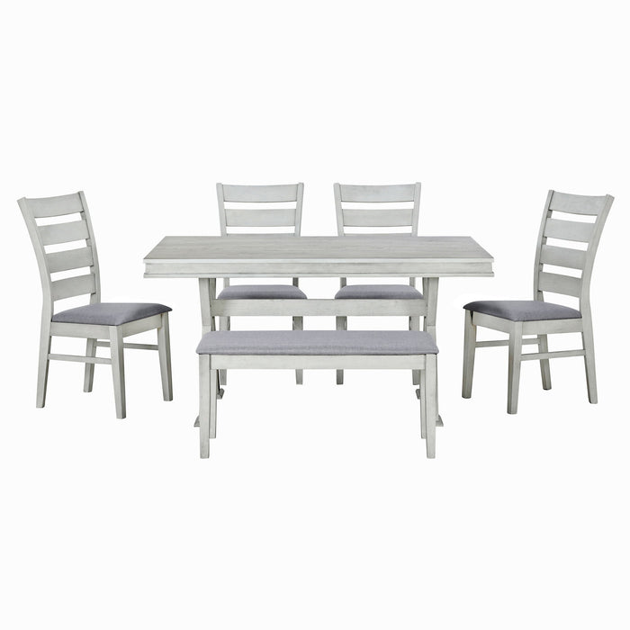Trexm 6 Piece Retro 59"L Rectangular Dining Table Set, Table With Unique Legs And 4 Upholstered Chairs & 1 Bench For Dining Room And Kitchen (White)