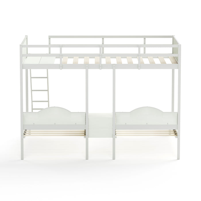 Full Over Twin & Twin Bunk Bed Metal Triple Bed With Nightstand And Guardrails White